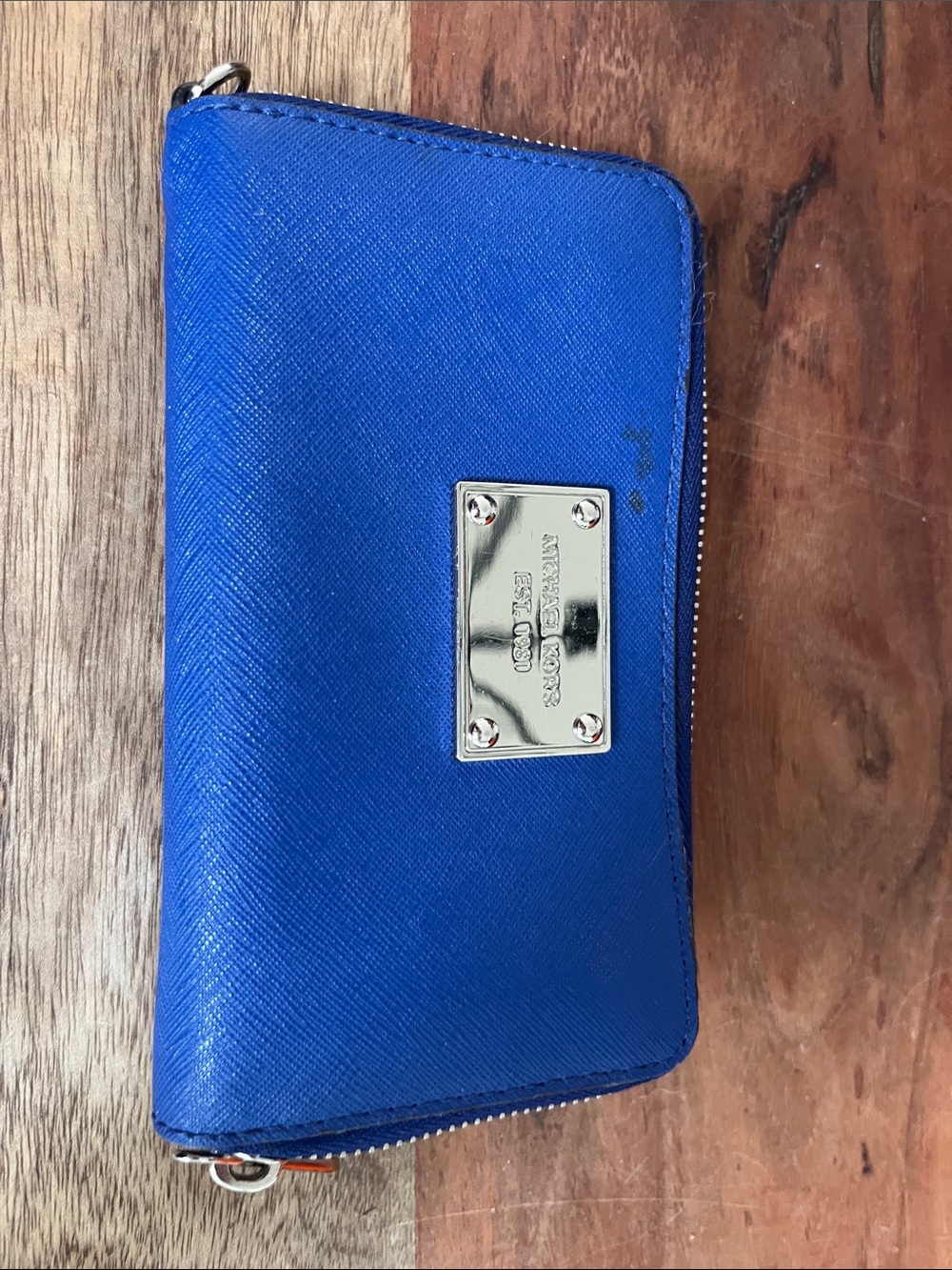 Michael Kors Cobalt Saffiano Zip Wallet with Metal Plaque